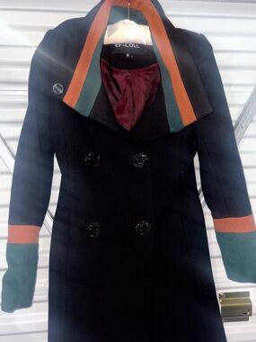 Women's Black Double-Breasted Coat with Green & Rust Trim (Ef-Coll)